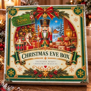 May include: A square Christmas Eve box featuring a central nutcracker illustration, a rocking horse, and a teddy bear. The box displays the text The Kings Christmas Eve Box and Together Makes Christmas Magical, decorated with red bows and green borders.