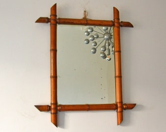 Vintage French mirror bamboo turned wood 60s