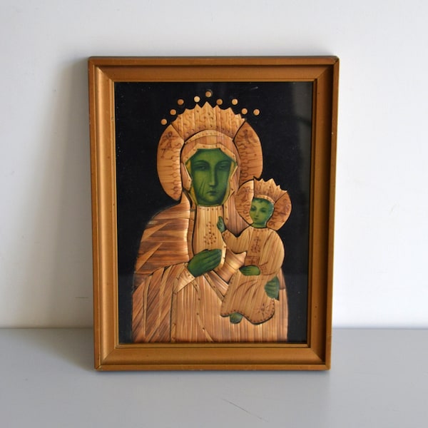 Black Virgin icon ex-voto frame Our Lady of Czestochowa in straw marquetry