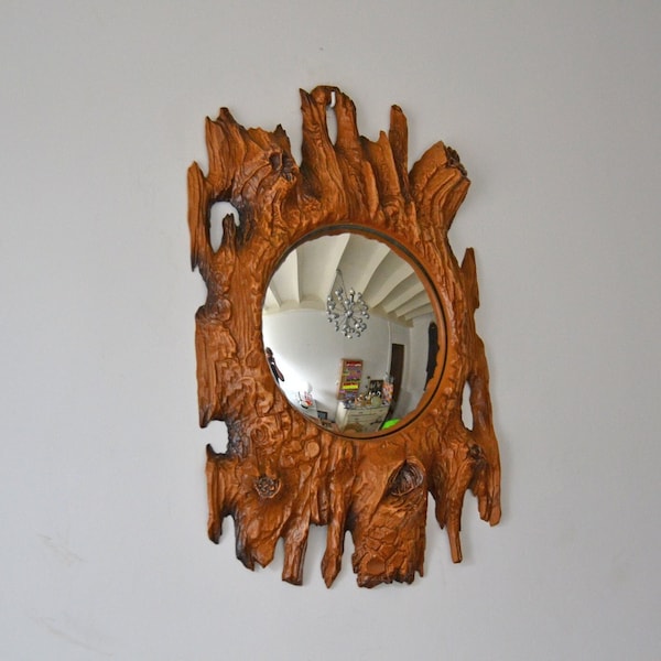 Miroir oeil de sorcière vernaculaire, miroir rond convexe verre bombé vintage années 60