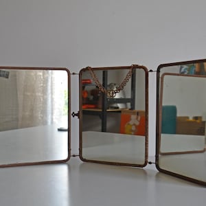 Vintage triptych mirror, metal barber mirror, French mirror 50s
