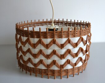 Vintage rattan pendant lamp 70s, cane wicker and braided ribbon yarn lampshade, caning ceiling lamp