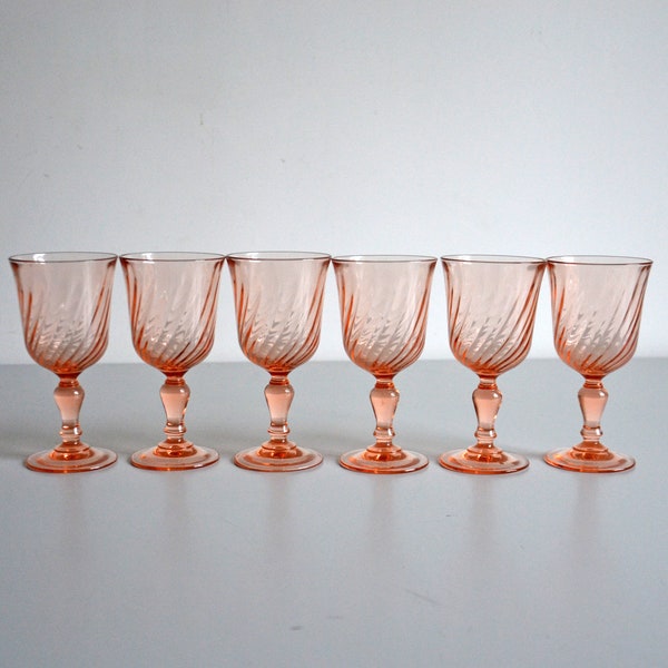 Set of 6 LUMINARC Rosaline stemglasses 5, ARC crystal glass France, Pink Swirl Pink Depressionglass Christmas wine or water glasses