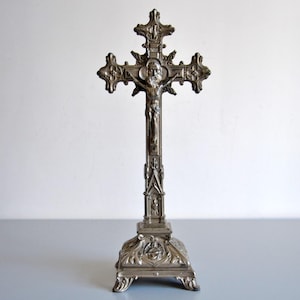 Antique table altar crucifix, holy spirit and sacred heart, religious antique