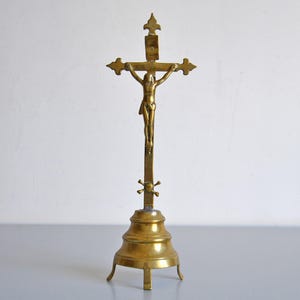 Antique brass table altar crucifix, religious antique