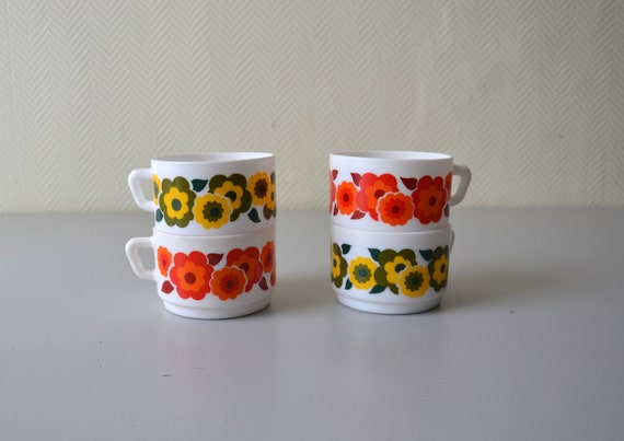 Pair of Arcopal Floral Coffee Cups made in France Pair of Arcopal Floral Coffee Cups made in France