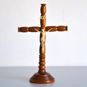 Antique table altar crucifix, olive wood, religious antique