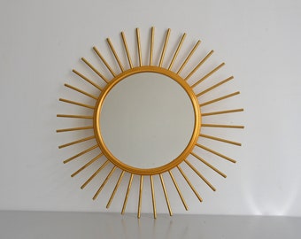 Vintage french sunburst mirror, gold metal mirror 60s