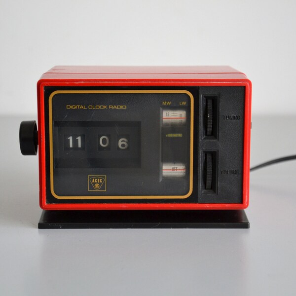 Radio-réveil vintage ACEC, horloge digitale à rouleau