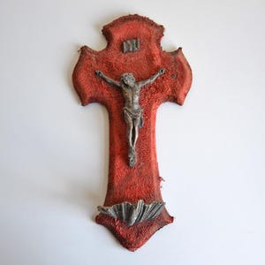 Antique wall crucifix holy water font, red velvet, French religious antique, 11inch