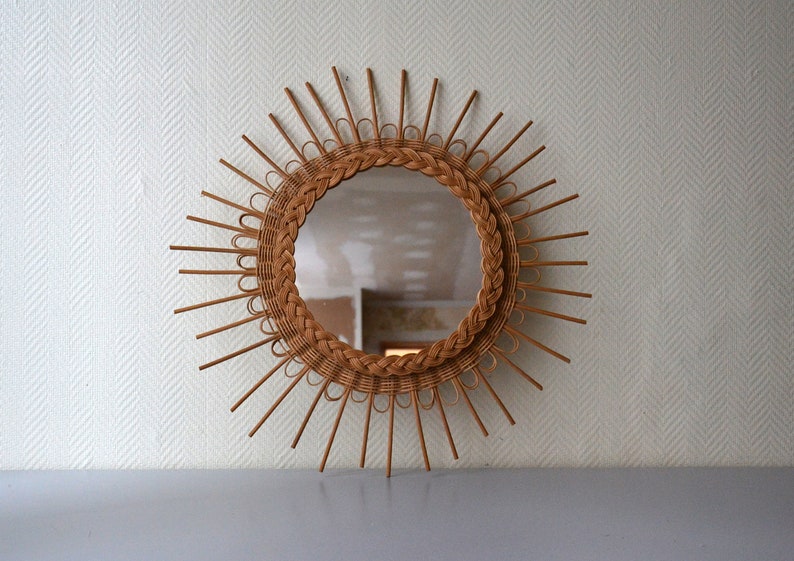 Vintage Sunburst Mirror French Rattan Round 70s