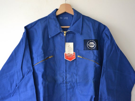 Vintage French Work Jacket USINOR Embroidery, Blue Cotton, French