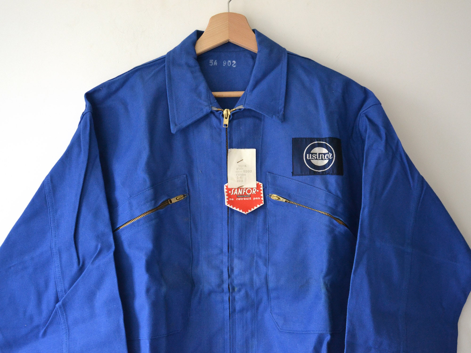 Vintage French Work Jacket USINOR Embroidery, Blue Cotton, French