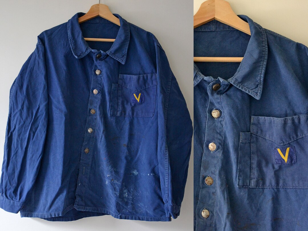 Stained Vintage Work Jacket, Embroidery, Indigo Blue Cotton, Size L - Etsy