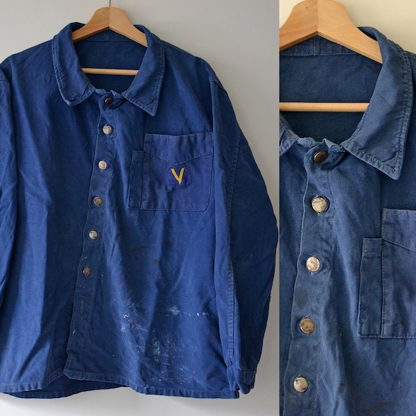 Veste de travail vintage tachée, broderie , coton bleu indigo, taille L