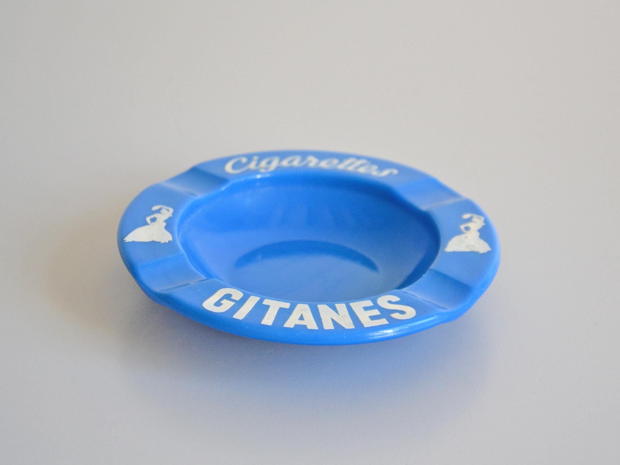 Gitanes 灰皿 青 ヴィンテージのジタン広告灰皿、青い陶器の灰皿、バーと喫煙者の