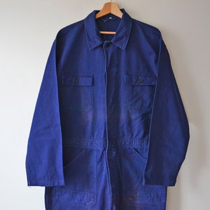 Vintage work overalls, indigo cotton, faded and stained french workwear, size XL