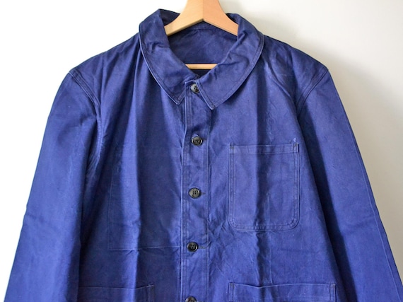 Vintage Work Jacket, Indigo Blue Cotton, French Workwear, Size L