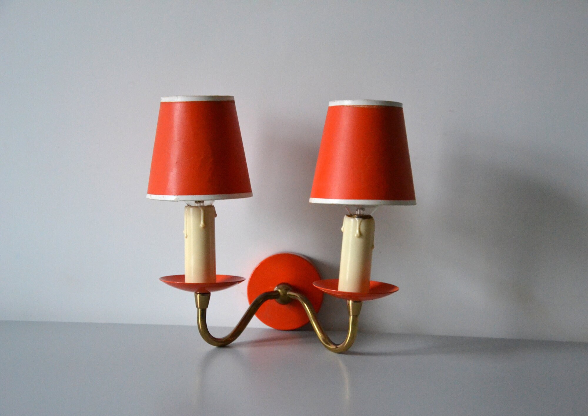 Applique Murale Bougeoir Années 70/Lampe en Metal Orange et Clip Ampoule