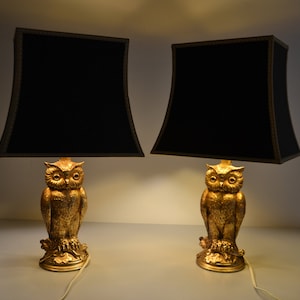 Pair of Loevsky and Loevsky 70s owl lamps, Hollywood Regency gold brass desk lamp