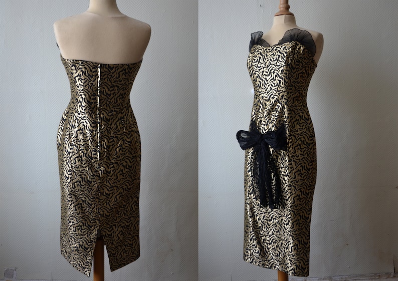 Elaine Closs Black and Gold Strap Bustier Cocktail Dress 70s