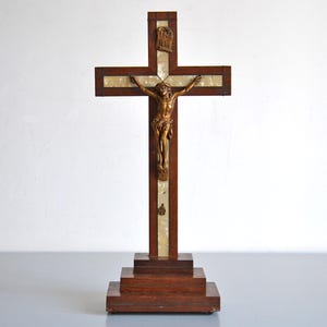Antique mother-of-pearl table altar crucifix, religious antique