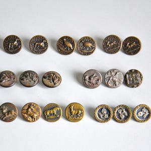 Könnte beinhalten: Eine Sammlung antiker Metallknöpfe mit geprägten Designs von Tieren, Vögeln und Blumen. Die Knöpfe sind in Gold-, Bronze- und Silbertönen gehalten. Die Knöpfe sind auf einer weißen Oberfläche angeordnet. Verschiedene Größen.