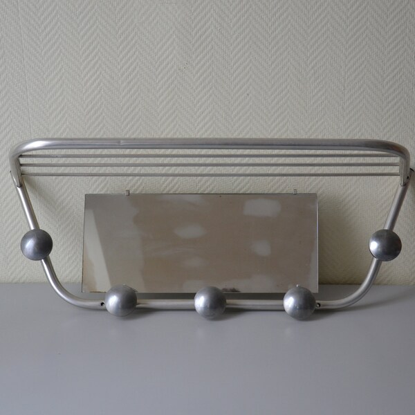 Vintage coat rack and hats aluminum with swivel mirror / industrial design / 5 pegs