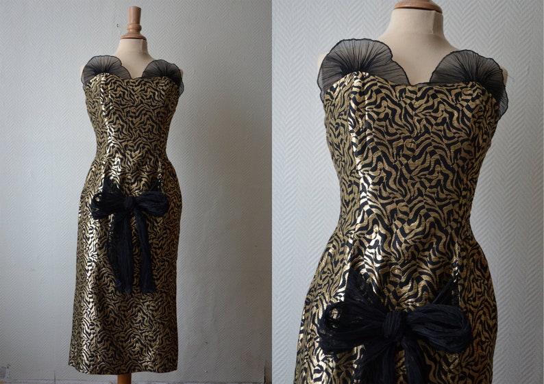 Elaine Closs Black and Gold Strap Bustier Cocktail Dress 70s