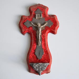 Antique wall crucifix holy water font, red velvet, French religious antique, 7inch