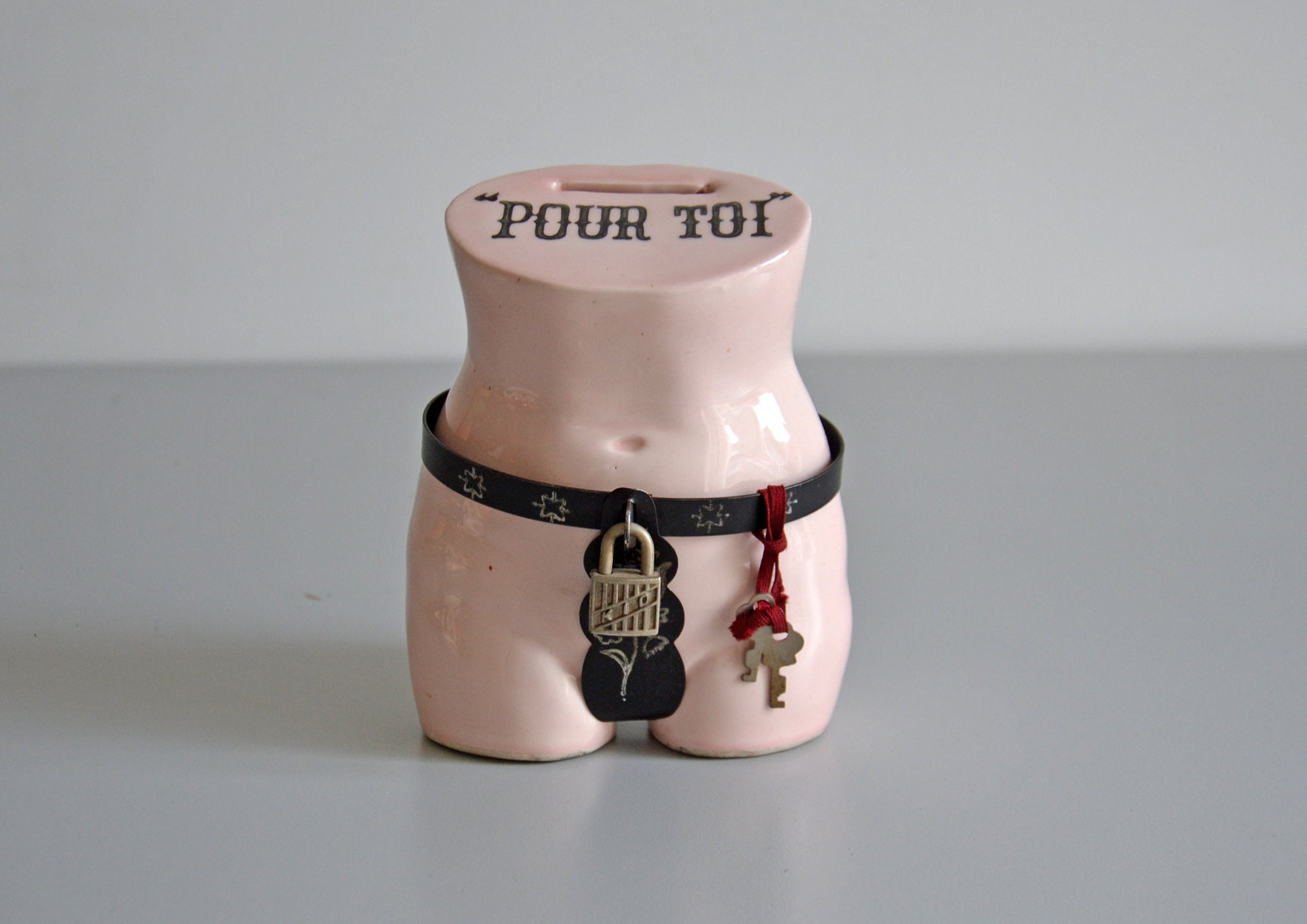 Naughty Piggy Bank in Ceramic Female Bust With Chastity Belt