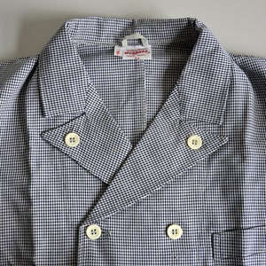 May include: A blue and white checkered button-up shirt with a pointed collar and a double-breasted closure.