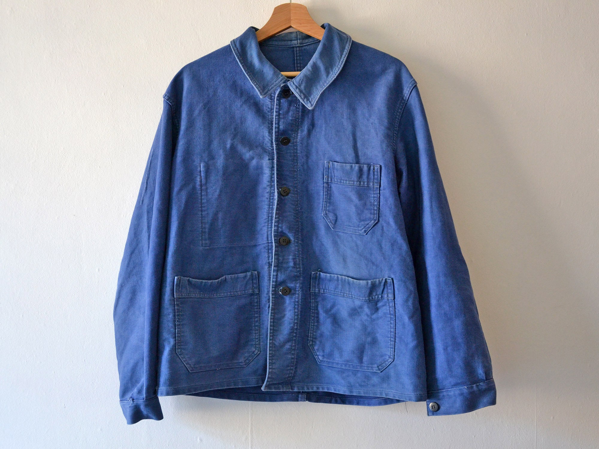 Vintage french Work Jacket moleskine / 1950s faded indigo blue chore jacket / size M Vintage french Work Jacket moleskine / 1950s faded indigo blue chore jacket / size M