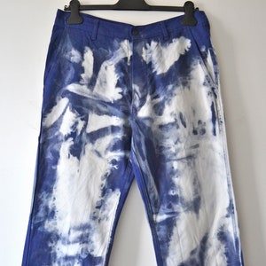 Discolored and stained indigo color vintage work pants, unique collection &quot;l&#39;effet&quot; by Ephemere Intemporel