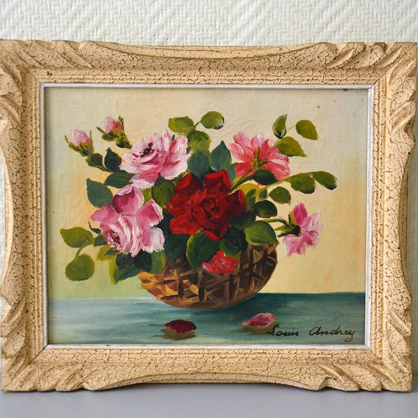 Tableau peinture bouquet de roses signé Louis Andrey, Huile sur toile, École moderne française milieu XXème siècle