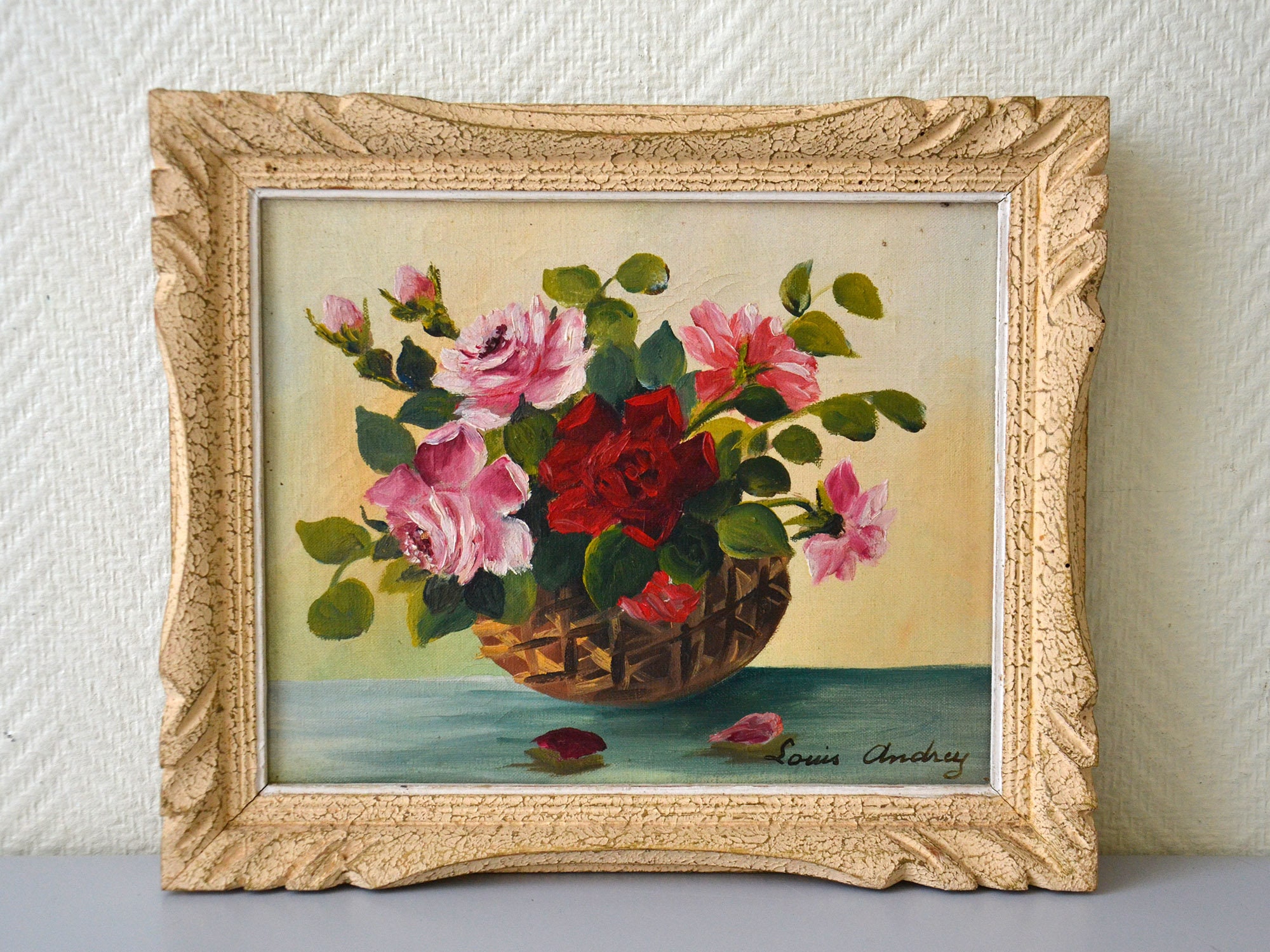 Tableau Peinture Bouquet de Roses/Huile sur Toile Louis Andrey École Moderne Française Milieu Xxème 