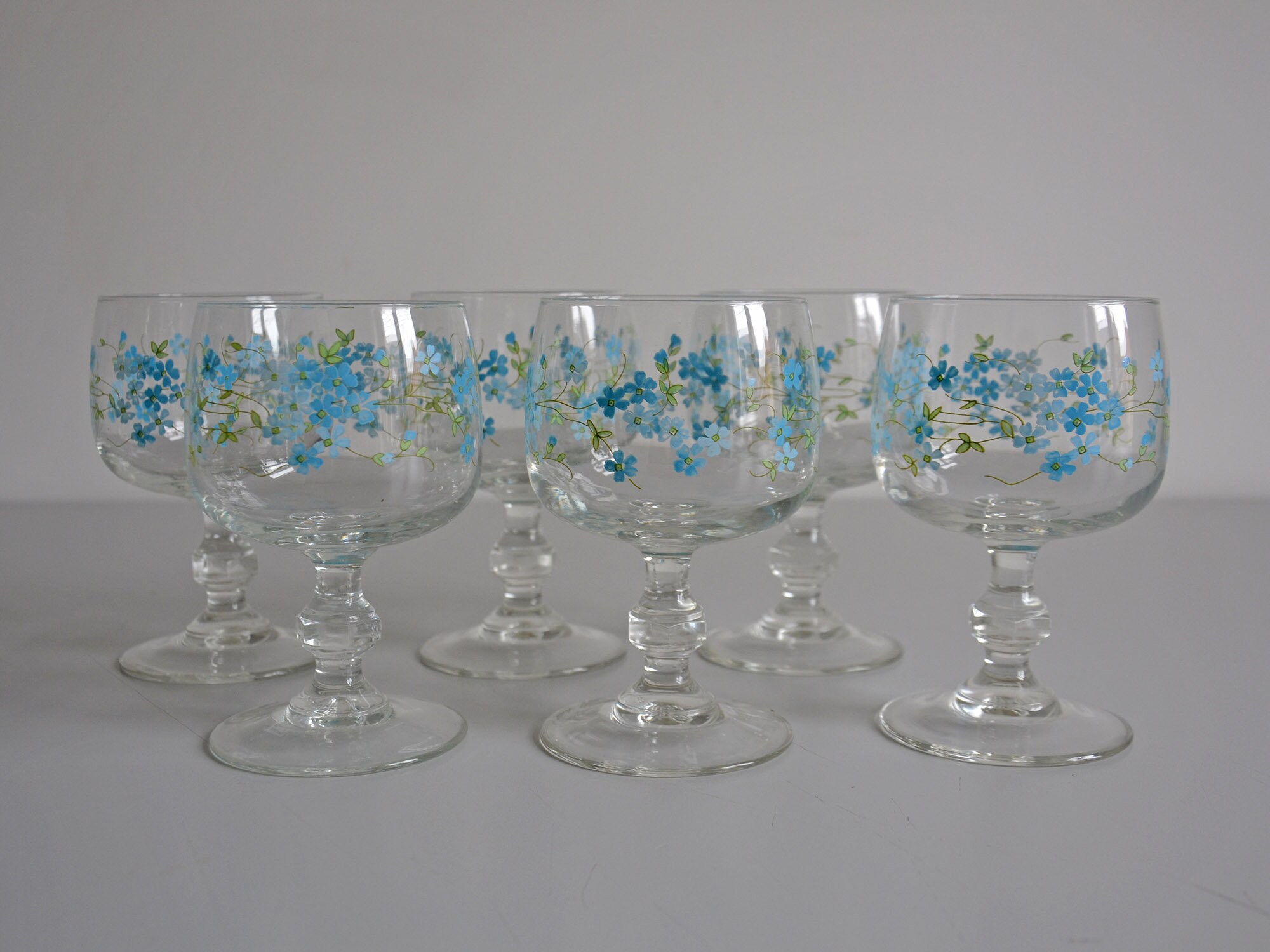 Verre Vintage Motif Fleurs Bleues Arcopal Myosotis Veronica/Lot de 6 Verres à Eau