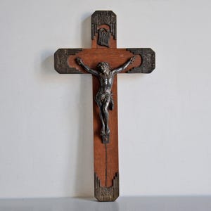 Antique art deco wooden crucifix, religious wall decoration from the 1920s
