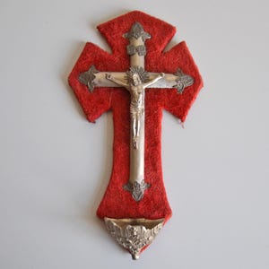 Antique wall crucifix holy water font, red velvet, French religious antique, 8inch