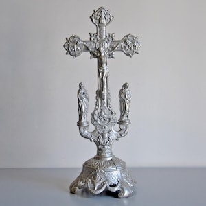 Antique silver table altar crucifix, prayer object, religious antique