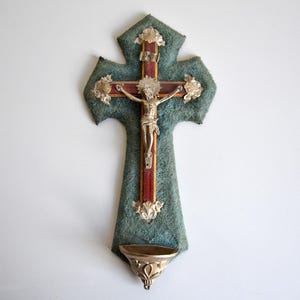 Antique wall crucifix holy water font, turquoise velvet, French religious antique, 10inch