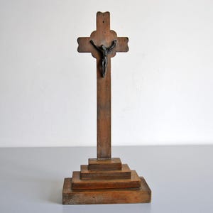 Antique table altar crucifix, oak wood, religious antique, 40cm