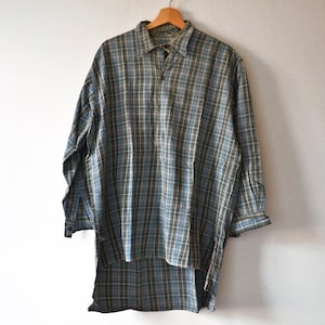Vintage Long Plaid Blouse Shirt, French Workwear, 40s, Size XL