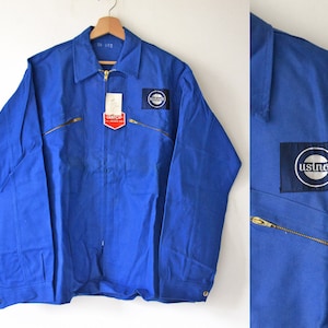 Vintage French work jacket USINOR embroidery, blue cotton, french workwear, size XL