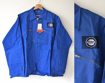 Vintage USINOR borduurwerkjas, Bugatti blauw katoen, Franse werkkleding, maat XL