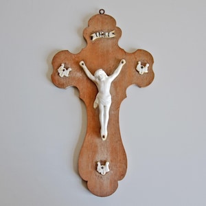 Antique wall crucifix, wood and porcelain, religious antique