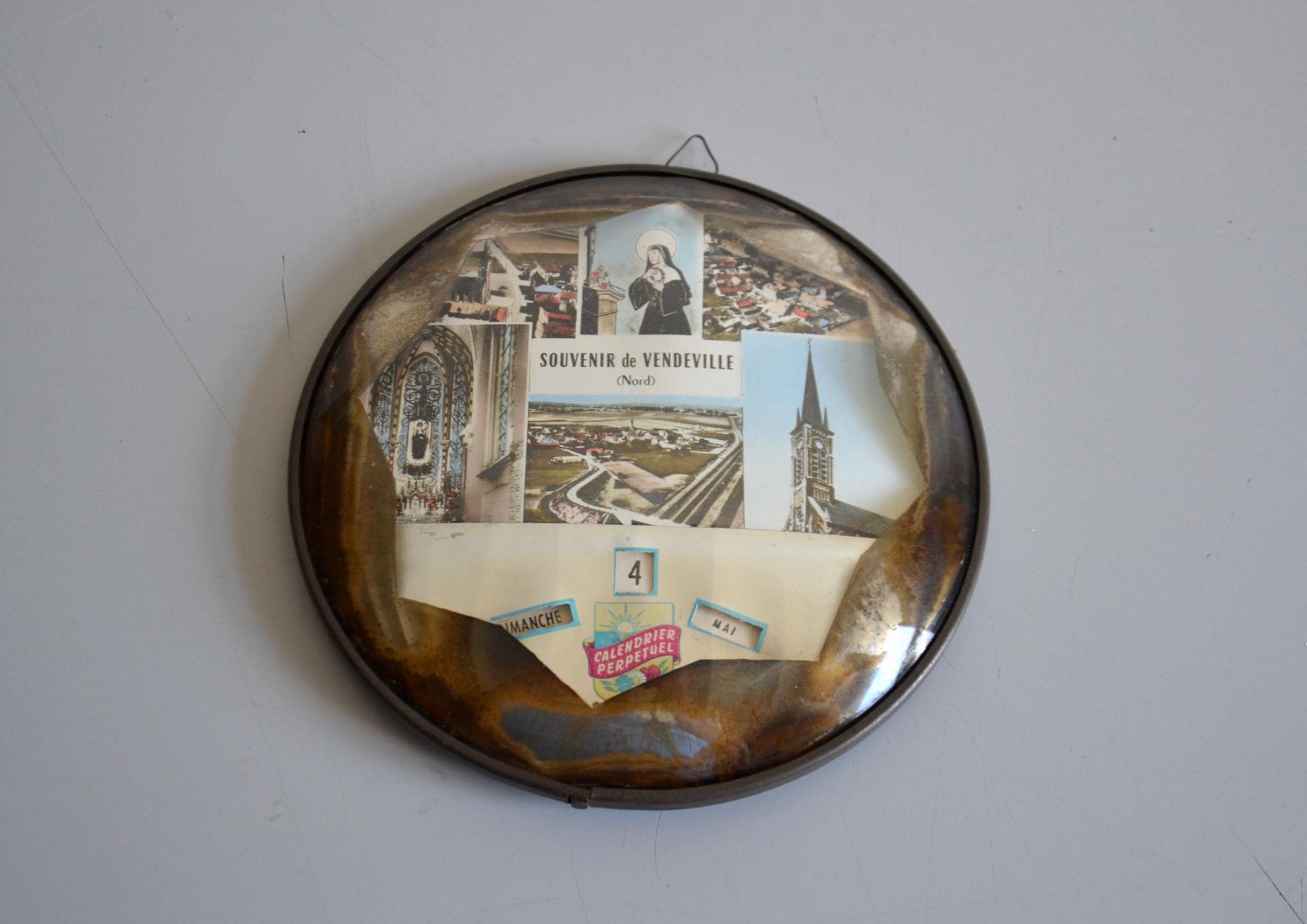 Vintage french wall Perpetual Calendar, curved glass frame Memories of Vendeville