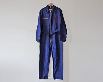 Vintage French Work Overall, Blue COVERALLS Full Cover Jumpsuit