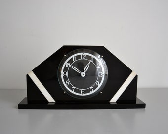 Vintage black and white marble fireplace buffet clock, English clocks