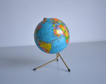 Vintage French world globe TARIDE, metal tripod base, world map 60s
